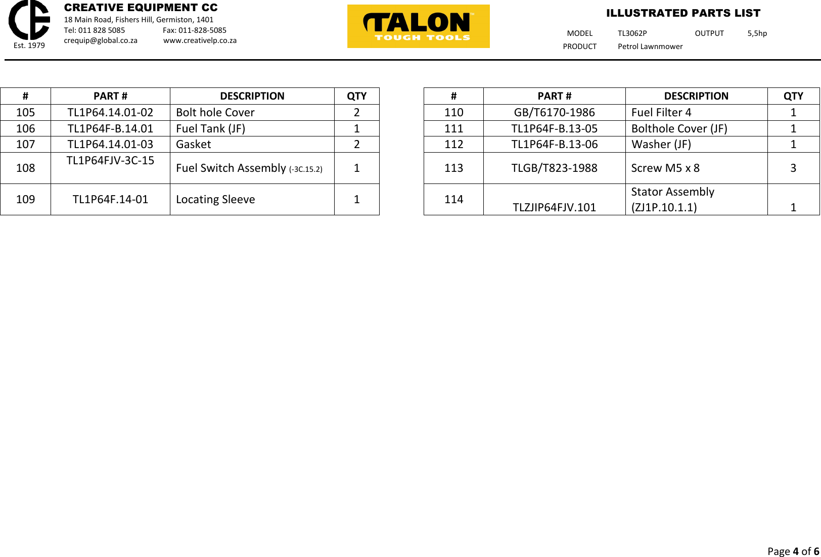 Page 4 of 6 - Talon-Tools Talon-Tools-Tl3062P-Parts-List WEB Master Illustrated Parts List - TL3062P Talon Lawnmower