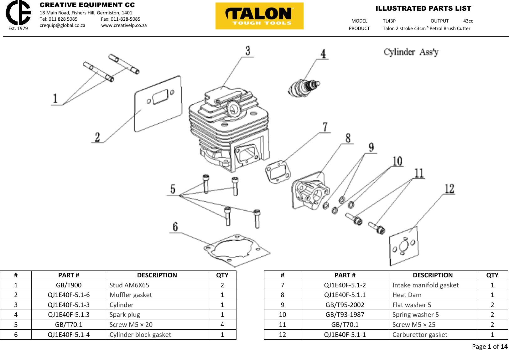 Talon Tools Tl43P Parts List