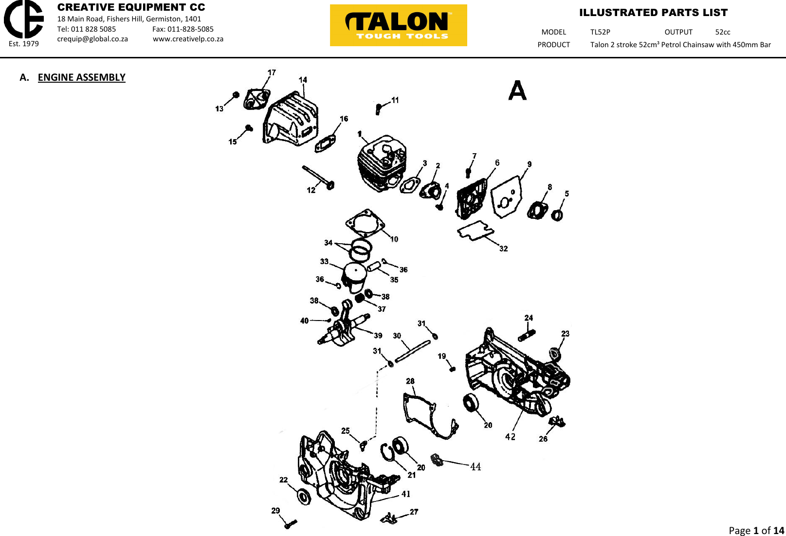 Talon Tools Tl52P Parts List WEB Master Illustrated Petrol Chainsaw