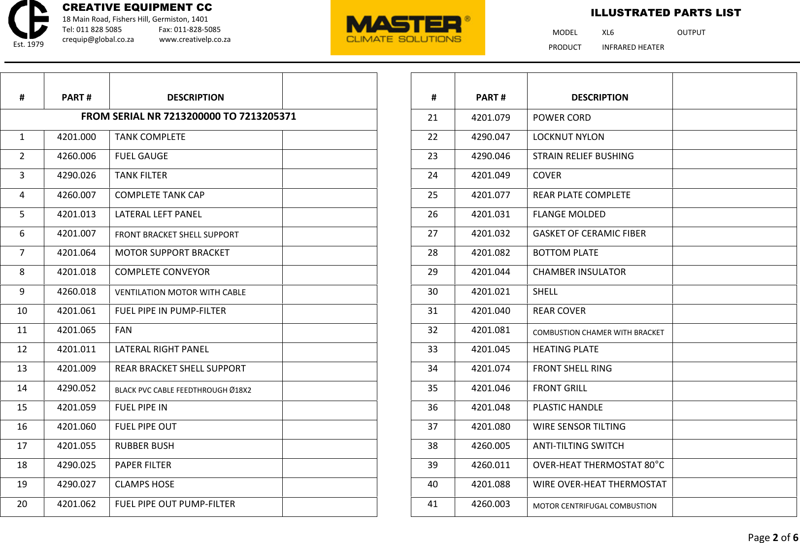 Page 2 of 6 - Talon-Tools Talon-Tools-Xl6-Parts-List XL6 - Master Illustrated Parts List