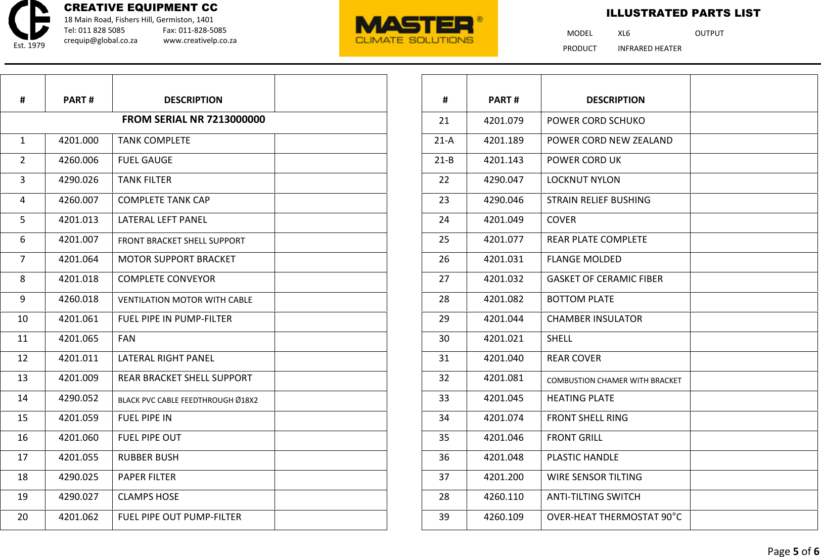 Page 5 of 6 - Talon-Tools Talon-Tools-Xl6-Parts-List XL6 - Master Illustrated Parts List