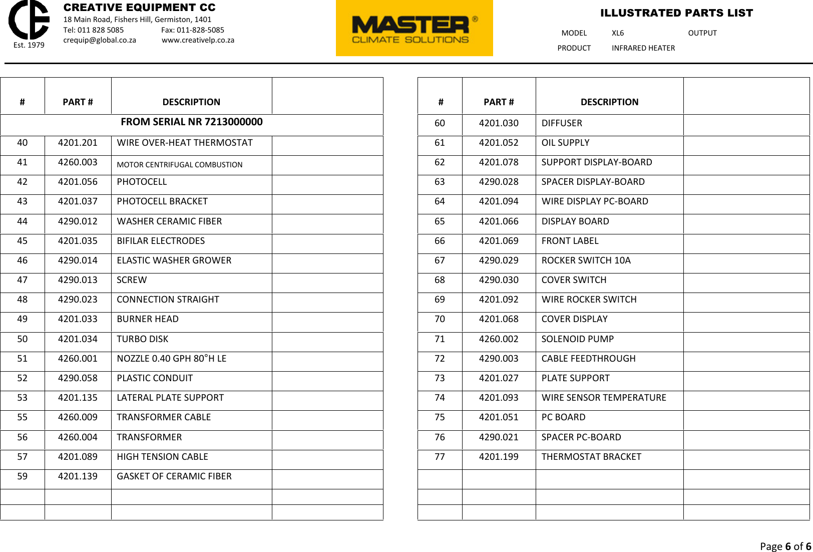 Page 6 of 6 - Talon-Tools Talon-Tools-Xl6-Parts-List XL6 - Master Illustrated Parts List