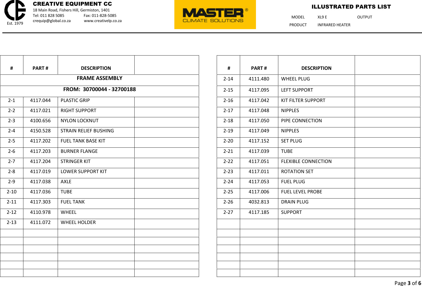 Page 3 of 6 - Talon-Tools Talon-Tools-Xl9E-Parts-List XL9 E - Master Illustrated Parts List