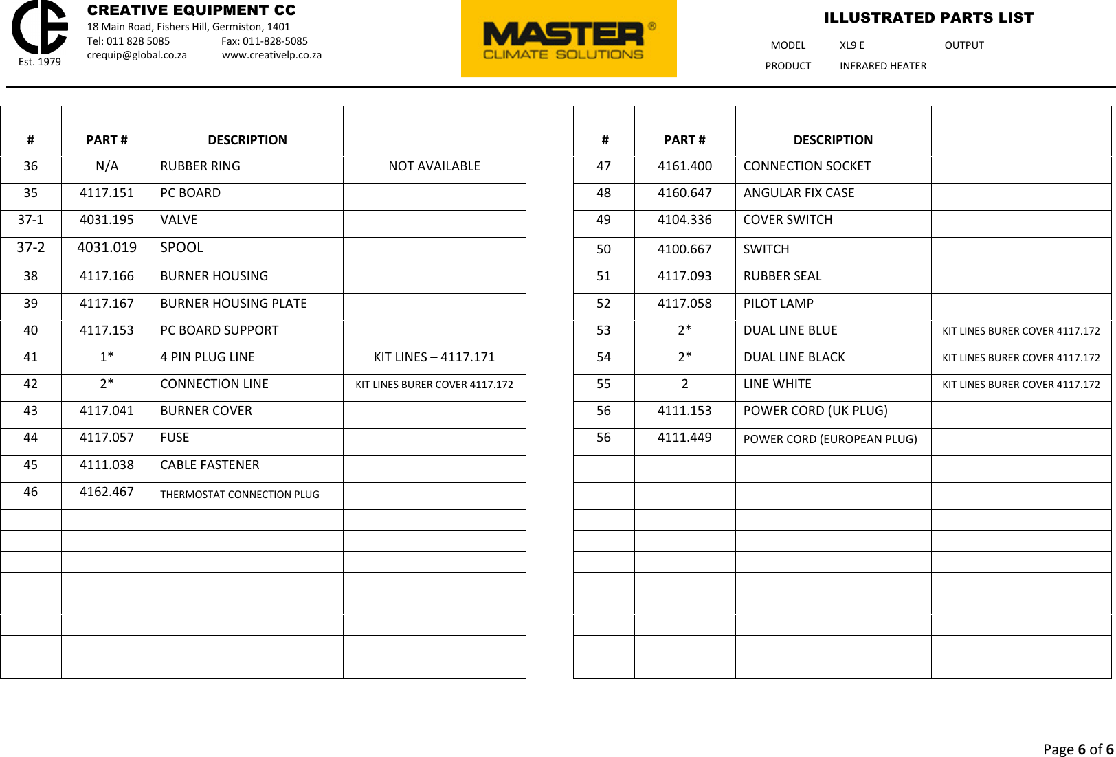 Page 6 of 6 - Talon-Tools Talon-Tools-Xl9E-Parts-List XL9 E - Master Illustrated Parts List