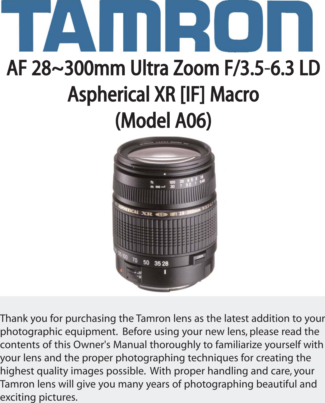 Page 1 of 8 - Tamron Tamron-28-300Mm-Zoom-Digital-Camera-Lens-Af061N700-Users-Manual- A06  Tamron-28-300mm-zoom-digital-camera-lens-af061n700-users-manual