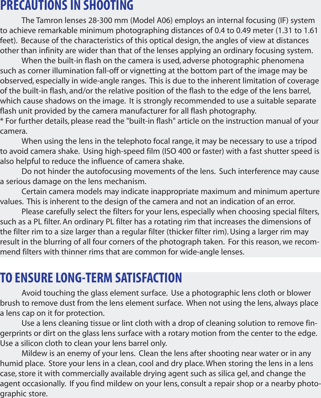 Page 7 of 8 - Tamron Tamron-28-300Mm-Zoom-Digital-Camera-Lens-Af061N700-Users-Manual- A06  Tamron-28-300mm-zoom-digital-camera-lens-af061n700-users-manual