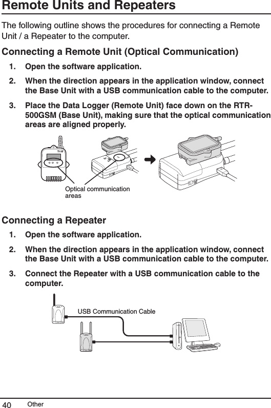 Other40Remote Units and Repeaters The following outline shows the procedures for connecting a Remote Unit / a Repeater to the computer.  Connecting a Remote Unit (Optical Communication) 1.   Open the software application. 2.   When the direction appears in the application window, connect the Base Unit with a USB communication cable to the computer. 3.   Place the Data Logger (Remote Unit) face down on the RTR-500GSM (Base Unit), making sure that the optical communication areas are aligned properly. Optical communication areasConnecting a Repeater 1.   Open the software application. 2.   When the direction appears in the application window, connect the Base Unit with a USB communication cable to the computer. 3.   Connect the Repeater with a USB communication cable to the computer. USB Communication Cable