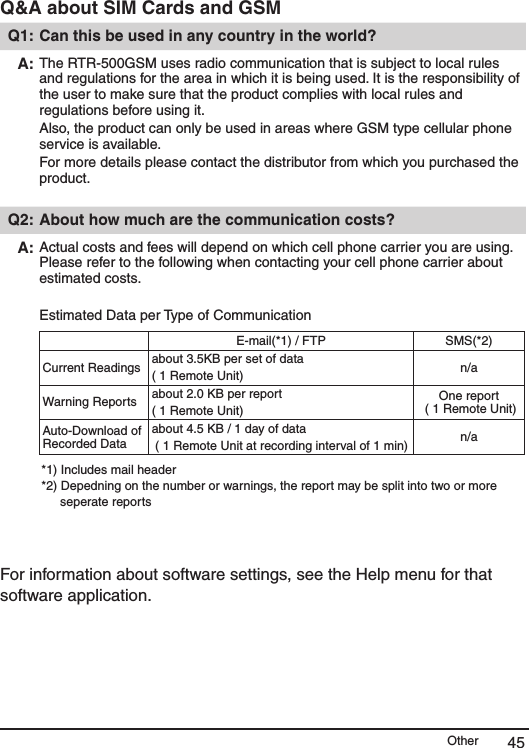 Other 45Q&amp;A about SIM Cards and GSMQ1: Can this be used in any country in the world? A: The RTR-500GSM uses radio communication that is subject to local rules and regulations for the area in which it is being used. It is the responsibility of the user to make sure that the product complies with local rules and regulations before using it.Also, the product can only be used in areas where GSM type cellular phone service is available.For more details please contact the distributor from which you purchased the product.Q2: About how much are the communication costs?A: Actual costs and fees will depend on which cell phone carrier you are using. Please refer to the following when contacting your cell phone carrier about estimated costs.Estimated Data per Type of CommunicationE-mail(*1) / FTP SMS(*2)Current Readings about 3.5KB per set of data ( 1 Remote Unit) n/aWarning Reports about 2.0 KB per report ( 1 Remote Unit)One report ( 1 Remote Unit)Auto-Download of Recorded Dataabout 4.5 KB / 1 day of data ( 1 Remote Unit at recording interval of 1 min) n/a*1) Includes mail header*2) Depedning on the number or warnings, the report may be split into two or more seperate reportsFor information about software settings, see the Help menu for that software application.