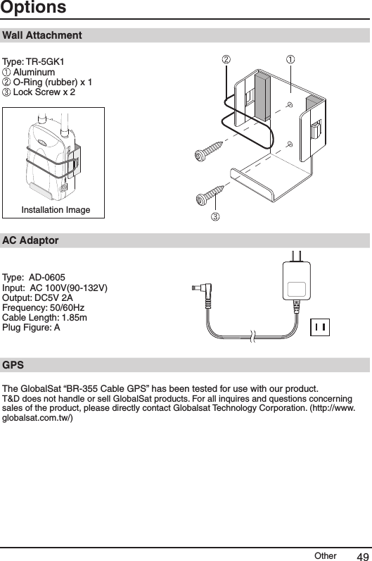 Other 49OptionsWall AttachmentType: TR-5GK1 Aluminum  O-Ring (rubber) x 1 Lock Screw x 2Installation ImageAC AdaptorType:  AD-0605 Input:  AC 100V(90-132V)Output: DC5V 2AFrequency: 50/60Hz Cable Length: 1.85mPlug Figure: AGPSThe GlobalSat &ldquo;BR-355 Cable GPS&rdquo; has been tested for use with our product. T&amp;D does not handle or sell GlobalSat products. For all inquires and questions concerning sales of the product, please directly contact Globalsat Technology Corporation. (http://www.globalsat.com.tw/)  
