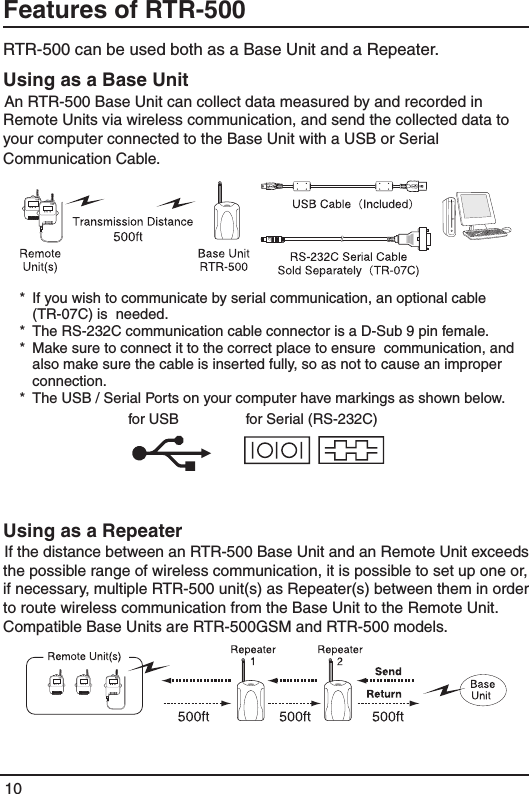 10Features of RTR-500RTR-500 can be used both as a Base Unit and a Repeater.  Using as a Base Unit An RTR-500 Base Unit can collect data measured by and recorded in Remote Units via wireless communication, and send the collected data to your computer connected to the Base Unit with a USB or Serial Communication Cable. *  If you wish to communicate by serial communication, an optional cable (TR-07C) is  needed. *  The RS-232C communication cable connector is a D-Sub 9 pin female. *  Make sure to connect it to the correct place to ensure  communication, and also make sure the cable is inserted fully, so as not to cause an improper connection.*  The USB / Serial Ports on your computer have markings as shown below.for USB for Serial (RS-232C)Using as a Repeater If the distance between an RTR-500 Base Unit and an Remote Unit exceeds the possible range of wireless communication, it is possible to set up one or, if necessary, multiple RTR-500 unit(s) as Repeater(s) between them in order to route wireless communication from the Base Unit to the Remote Unit.Compatible Base Units are RTR-500GSM and RTR-500 models. 