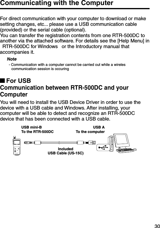 30Communicating with the ComputerFor direct communication with your computer to download or make setting changes, etc... please use a USB communication cable (provided) or the serial cable (optional). You can transfer the registration contents from one RTR-500DC to another via the attached software. For details see the [Help Menu] in &ldquo;RTR-500DC for Windows&rdquo; or the Introductory manual that accompanies it.Note- Communication with a computer cannot be carried out while a wireles communication session is occuringFor USBCommunication between RTR-500DC and your ComputerYou will need to install the USB Device Driver in order to use the device with a USB cable and Windows. After installing, your computer will be able to detect and recognize an RTR-500DC device that has been connected with a USB cable.USB mini-BTo the RTR-500DCUSB ATo the computerIncludedUSB Cable (US-15C)
