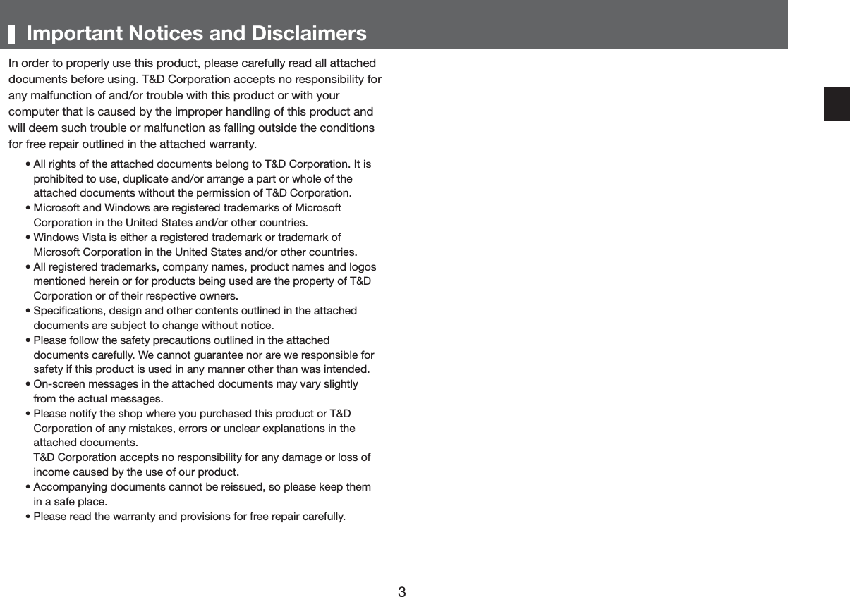 ,PSRUWDQW1RWLFHVDQG'LVFODLPHUV,QRUGHUWRSURSHUO\XVHWKLVSURGXFWSOHDVHFDUHIXOO\UHDGDOODWWDFKHGGRFXPHQWVEHIRUHXVLQJ7'&amp;RUSRUDWLRQDFFHSWVQRUHVSRQVLELOLW\IRUDQ\PDOIXQFWLRQRIDQGRUWURXEOHZLWKWKLVSURGXFWRUZLWK\RXUFRPSXWHUWKDWLVFDXVHGE\WKHLPSURSHUKDQGOLQJRIWKLVSURGXFWDQGZLOOGHHPVXFKWURXEOHRUPDOIXQFWLRQDVIDOOLQJRXWVLGHWKHFRQGLWLRQVIRUIUHHUHSDLURXWOLQHGLQWKHDWWDFKHGZDUUDQW\s$OOULJKWVRIWKHDWWDFKHGGRFXPHQWVEHORQJWR7'&amp;RUSRUDWLRQ,WLVSURKLELWHGWRXVHGXSOLFDWHDQGRUDUUDQJHDSDUWRUZKROHRIWKHDWWDFKHGGRFXPHQWVZLWKRXWWKHSHUPLVVLRQRI7'&amp;RUSRUDWLRQs0LFURVRIWDQG:LQGRZVDUHUHJLVWHUHGWUDGHPDUNVRI0LFURVRIW&amp;RUSRUDWLRQLQWKH8QLWHG6WDWHVDQGRURWKHUFRXQWULHVs:LQGRZV9LVWDLVHLWKHUDUHJLVWHUHGWUDGHPDUNRUWUDGHPDUNRI0LFURVRIW&amp;RUSRUDWLRQLQWKH8QLWHG6WDWHVDQGRURWKHUFRXQWULHVs$OOUHJLVWHUHGWUDGHPDUNVFRPSDQ\QDPHVSURGXFWQDPHVDQGORJRVPHQWLRQHGKHUHLQRUIRUSURGXFWVEHLQJXVHGDUHWKHSURSHUW\RI7'&amp;RUSRUDWLRQRURIWKHLUUHVSHFWLYHRZQHUVs6SHFLĺFDWLRQVGHVLJQDQGRWKHUFRQWHQWVRXWOLQHGLQWKHDWWDFKHGGRFXPHQWVDUHVXEMHFWWRFKDQJHZLWKRXWQRWLFHs3OHDVHIROORZWKHVDIHW\SUHFDXWLRQVRXWOLQHGLQWKHDWWDFKHGGRFXPHQWVFDUHIXOO\:HFDQQRWJXDUDQWHHQRUDUHZHUHVSRQVLEOHIRUVDIHW\LIWKLVSURGXFWLVXVHGLQDQ\PDQQHURWKHUWKDQZDVLQWHQGHGs2QVFUHHQPHVVDJHVLQWKHDWWDFKHGGRFXPHQWVPD\YDU\VOLJKWO\IURPWKHDFWXDOPHVVDJHVs3OHDVHQRWLI\WKHVKRSZKHUH\RXSXUFKDVHGWKLVSURGXFWRU7'&amp;RUSRUDWLRQRIDQ\PLVWDNHVHUURUVRUXQFOHDUH[SODQDWLRQVLQWKHDWWDFKHGGRFXPHQWV7'&amp;RUSRUDWLRQDFFHSWVQRUHVSRQVLELOLW\IRUDQ\GDPDJHRUORVVRILQFRPHFDXVHGE\WKHXVHRIRXUSURGXFWs$FFRPSDQ\LQJGRFXPHQWVFDQQRWEHUHLVVXHGVRSOHDVHNHHSWKHPLQDVDIHSODFHs3OHDVHUHDGWKHZDUUDQW\DQGSURYLVLRQVIRUIUHHUHSDLUFDUHIXOO\