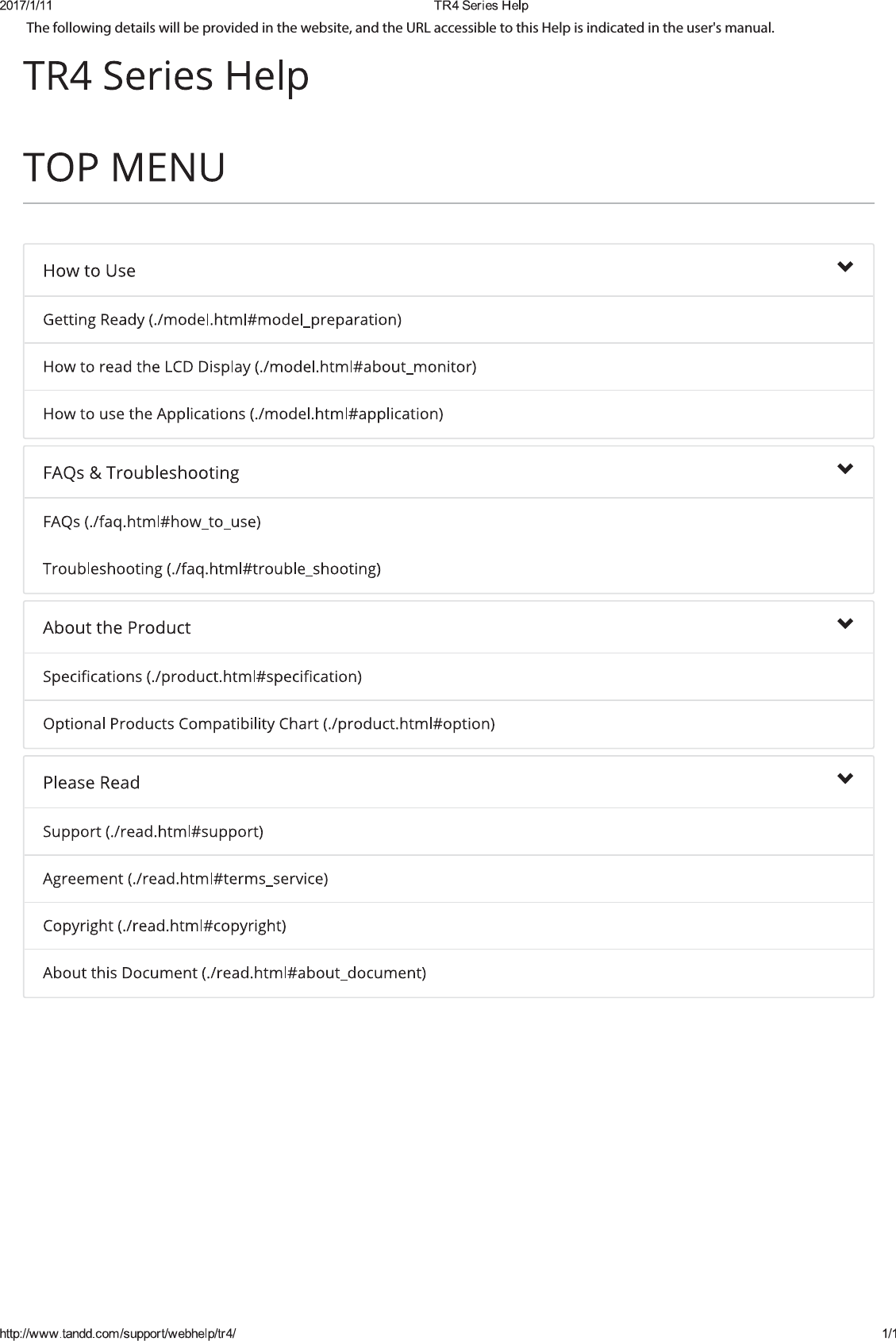The following details will be provided in the website, and the URL accessible to this Help is indicated in the user's manual. 