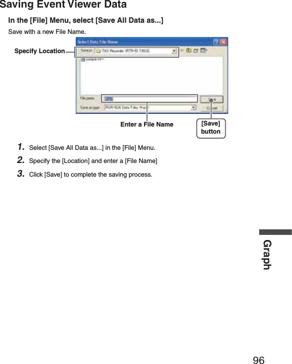 96GraphSaving Event Viewer DataIn the [File] Menu, select [Save All Data as...]Save with a new File Name.     Specify LocationEnter a File Name [Save]button1. Select [Save All Data as...] in the [File] Menu.2. Specify the [Location] and enter a [File Name]3. Click [Save] to complete the saving process.