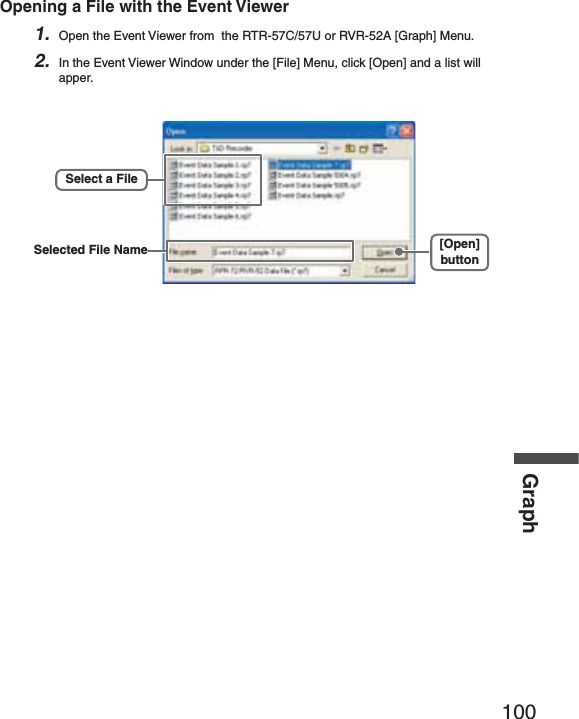 100GraphOpening a File with the Event Viewer1. Open the Event Viewer from  the RTR-57C/57U or RVR-52A [Graph] Menu.2. In the Event Viewer Window under the [File] Menu, click [Open] and a list will apper.[Open]buttonSelect a FileSelected File Name