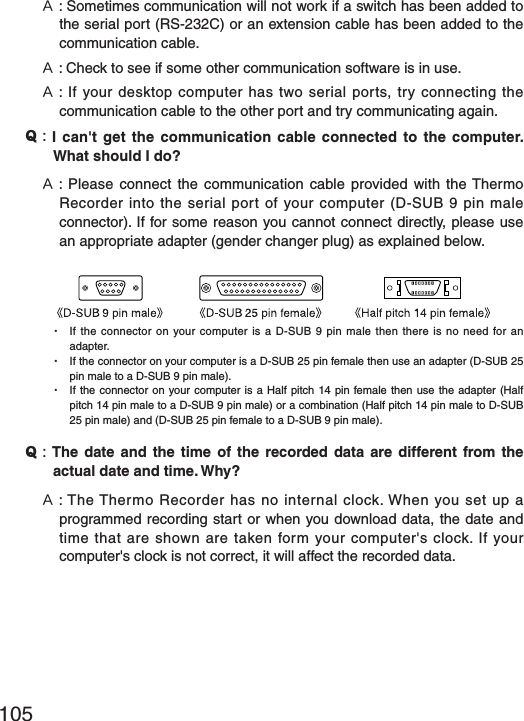 105˝: Sometimes communication will not work if a switch has been added to the serial port (RS-232C) or an extension cable has been added to the communication cable. ˝: Check to see if some other communication software is in use.˝: If your desktop computer has two serial ports, try connecting the communication cable to the other port and try communicating again.˭:  I can't get the communication cable connected to the computer. What should I do? ˝: Please connect the communication cable provided with the Thermo Recorder into the serial port of your computer (D-SUB 9 pin male connector). If for some reason you cannot connect directly, please use an appropriate adapter (gender changer plug) as explained below.Ȇ   If the connector on your computer is a D-SUB 9 pin male then there is no need for an adapter.Ȇ    If the connector on your computer is a D-SUB 25 pin female then use an adapter (D-SUB 25 pin male to a D-SUB 9 pin male).Ȇ  If the connector on your computer is a Half pitch 14 pin female then use the adapter (Half pitch 14 pin male to a D-SUB 9 pin male) or a combination (Half pitch 14 pin male to D-SUB 25 pin male) and (D-SUB 25 pin female to a D-SUB 9 pin male).˭:  The date and the time of the recorded data are different from the actual date and time. Why? ˝: The Thermo Recorder has no internal clock. When you set up a programmed recording start or when you download data, the date and time that are shown are taken form your computer's clock. If your computer's clock is not correct, it will affect the recorded data.