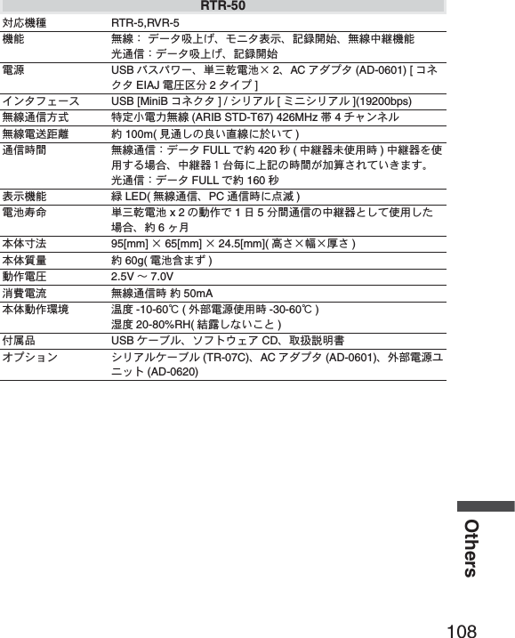 108OthersRTR-50చ؊ܥਅ RTR-5,RVR-5ܥෝ ྫ஌ȇ  &Omicron;Ȝ&Eta;ݟષ̬Ȃ&kappa;&Sigma;&Eta;ນাȂܱ჏ٳইȂྫ஌ಎࠑܥෝ࢕೒૞ȇ&Omicron;Ȝ&Eta;ݟષ̬Ȃܱ჏ٳইഩ࡙ USB &Psi;&Alpha;&Omega;&chi;ȜȂౙ२ۋഩ౻ȿ 2ȂAC ͺ&Theta;ί&Eta; (AD-0601) [ ΋&Upsilon;·&Eta; EIAJ ഩգߊ໦ 2&Eta;ͼί ]ͼϋ&Eta;έͿȜ&Alpha; USB [MiniB ΋&Upsilon;·&Eta; ] / Ώ&sigmaf;ͺ&sigma; [&eta;&Sigma;Ώ&sigmaf;ͺ&sigma; ](19200bps)ྫ஌೒૞༷৆ අ೰઀ഩႁྫ஌ (ARIB STD-T67) 426MHz ఝ 4 &Iota;&lambda;ϋ&Upsilon;&sigma;ྫ஌ഩ௣ݻၗ ࿩ 100m( ࡉ೒̱͈ၻ̞ೄ஌ͅ؃̞̀ )೒૞শۼ ྫ஌೒૞ȇ&Omicron;Ȝ&Eta; FULL ́࿩ 420 ຟ(ಎࠑܕྚঀဥশ )ಎࠑܕͬঀဥ̳ͥાࣣȂಎࠑܕˍరྀͅષܱ͈শۼ̦حॳ̧̯̞̳ͦ̀͘ȃ࢕೒૞ȇ&Omicron;Ȝ&Eta; FULL ́࿩ 160 ຟນাܥෝ ႂ LED( ྫ஌೒૞ȂPC ೒૞শͅത྽ )ഩ౻਍ྵ ౙ२ۋഩ౻ x 2 ͈൲ै́ 1඾5໦ۼ೒૞͈ಎࠑܕ̱͂̀ঀဥ̱̹ાࣣȂ࿩ 6ώ࠮ུఘ଱༹ 95[mm] ȿ65[mm] ȿ24.5[mm]( ̯ࣞȿ໙ȿ࢚̯ )ུఘৗၾ ࿩ 60g( ഩ౻܄̴͘ )൲ैഩգ 2.5V ȡ7.0Vક๯ഩၠ ྫ஌೒૞শ ࿩50mAུఘ൲ै۪ޏ أഽ -10-60Ɏ(ٸ໐ഩ࡙ঀဥশ -30-60Ɏ)৔ഽ 20-80%RH( ࠫႺ̱̞̭̈́͂ )ັ௺຦ USB ΉȜή&sigma;Ȃ&Epsilon;έ&Pi;;Ϳͺ CDȂ৾ե୰ྶ੥΂ίΏ&omicron;ϋ Ώ&sigmaf;ͺ&sigma;ΉȜή&sigma; (TR-07C)ȂAC ͺ&Theta;ί&Eta; (AD-0601)Ȃٸ໐ഩ࡙&xi;&Sigma;&Lambda;&Pi; (AD-0620)