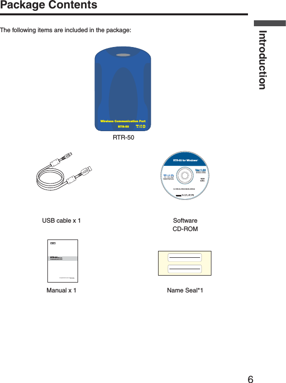 6IntroductionPackage ContentsThe following items are included in the package:Wireless Communication PortRTR-50RTR-50MS-Windows   2000/XpMS-Windows   98SE/MeFOR242242262Copyright     1995-2006 TandDCorporation. All rights reserved.6ER242FOR7INDOWSUSB cable x 1 SoftwareCD-ROM&copy;#OPYRIGHT4$#ORPORATION!LLRIGHTSRESERVED#OMMUNICATION0ORT7IRELESS242Manual x 1 Name Seal*1