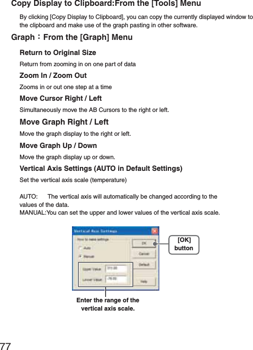 77Copy Display to Clipboard:From the [Tools] MenuBy clicking [Copy Display to Clipboard], you can copy the currently displayed window to the clipboard and make use of the graph pasting in other software.Graphȇ From the [Graph] MenuReturn to Original SizeReturn from zooming in on one part of dataZoom In / Zoom OutZooms in or out one step at a timeMove Cursor Right / LeftSimultaneously move the AB Cursors to the right or left.Move Graph Right / LeftMove the graph display to the right or left.Move Graph Up / DownMove the graph display up or down.Vertical Axis Settings (AUTO in Default Settings)Set the vertical axis scale (temperature)AUTO:  The vertical axis will automatically be changed according to the values of the data.MANUAL:You can set the upper and lower values of the vertical axis scale.Enter the range of the vertical axis scale.[OK]button
