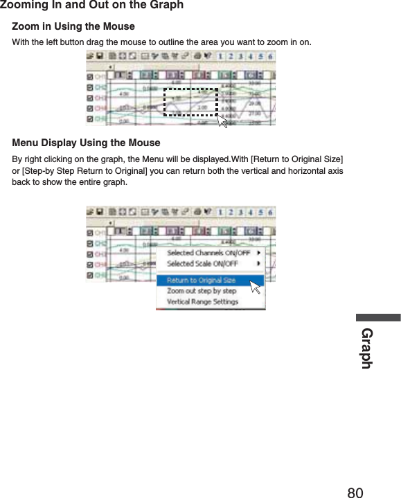 80GraphZooming In and Out on the GraphZoom in Using the MouseWith the left button drag the mouse to outline the area you want to zoom in on.Menu Display Using the MouseBy right clicking on the graph, the Menu will be displayed.With [Return to Original Size] or [Step-by Step Return to Original] you can return both the vertical and horizontal axis back to show the entire graph.