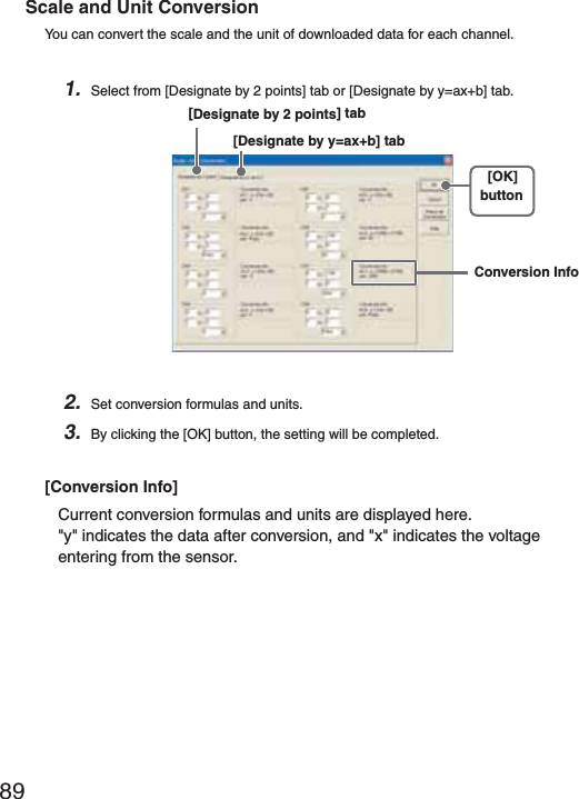 89Scale and Unit ConversionYou can convert the scale and the unit of downloaded data for each channel.1. Select from [Designate by 2 points] tab or [Designate by y=ax+b] tab.[OK]button[Designate by 2 points] tabConversion Info[Designate by y=ax+b] tab2. Set conversion formulas and units.3. By clicking the [OK] button, the setting will be completed. [Conversion Info]Current conversion formulas and units are displayed here."y" indicates the data after conversion, and "x" indicates the voltage entering from the sensor.