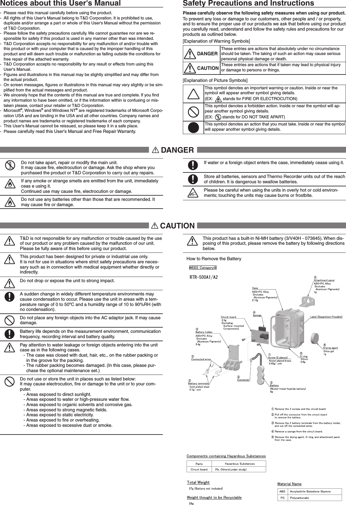 Notices about this User's Manual-  Please read this manual carefully before using the product.-  All rights of this User's Manual belong to T&amp;D Corporation. It is prohibited to use, duplicate and/or arrange a part or whole of this User's Manual without the permission of T&amp;D Corporation.-  Please follow the safety precautions carefully. We cannot guarantee nor are we re-sponsible for safety if this product is used in any manner other than was intended.-  T&amp;D Corporation accepts no responsibility for any malfunction of and/or trouble with this product or with your computer that is caused by the improper handling of this product and will deem such trouble or malfunction as falling outside the conditions for free repair of the attached warranty.-  T&amp;D Corporation accepts no responsibility for any result or effects from using this User's Manual. -  Figures and illustrations in this manual may be slightly simpliﬁed and may differ from the actual product.-  On screen messages, ﬁgures or illustrations in this manual may vary slightly or be sim-pliﬁed from the actual messages and product.-  We sincerely hope that the contents of this manual are true and complete. If you ﬁnd any information to have been omitted, or if the information within is confusing or mis-taken please, contact your retailer or T&amp;D Corporation.-  Microsoft&reg;, Windows&reg; and Windows NT&reg; are registered trademarks of Microsoft Corpo-ration USA and are binding in the USA and all other countries. Company names and product names are trademarks or registered trademarks of each company.-  This User's Manual cannot be reissued, so please keep it in a safe place. -  Please carefully read this User's Manual and Free Repair Warranty.Safety Precautions and InstructionsPlease carefully observe the following safety measures when using our product. To prevent any loss or damage to our customers, other people and / or property, and to ensure the proper use of our products we ask that before using our product you carefully read, understand and follow the safety rules and precautions for our products as outlined below. [Explanation of Warning Symbols]DANGERThese entries are actions that absolutely under no circumstance should be taken. The taking of such an action may cause serious personal physical damage or death.CAUTION These entries are actions that if taken may lead to physical injury or damage to persons or things.[Explanation of Picture Symbols]This symbol denotes an important warning or caution. Inside or near the symbol will appear another symbol giving details. (EX:    stands for FIRE OR ELECTROCUTION)This symbol denotes a forbidden action. Inside or near the symbol will ap-pear another symbol giving details. (EX:    stands for DO NOT TAKE APART)This symbol denotes an action that you must take. Inside or near the symbol will appear another symbol giving details. Do not take apart, repair or modify the main unit. It may cause ﬁre, electrocution or damage. Ask the shop where you purchased the product or T&amp;D Corporation to carry out any repairs. If any smoke or strange smells are emitted from the unit, immediately ceas e using it.Continued use may cause ﬁre, electrocution or damage.Do not use any batteries other than those that are recommended. It may cause ﬁre or damage.If water or a foreign object enters the case, immediately cease using it.Store all batteries, sensors and Thermo Recorder units out of the reach of children. It is dangerous to swallow batteries. Please be careful when using the units in overly hot or cold environ-ments; touching the units may cause burns or frostbite.T&amp;D is not responsible for any malfunction or trouble caused by the use of our product or any problem caused by the malfunction of our unit. Please be fully aware of this before using our product.This product has been designed for private or industrial use only. It is not for use in situations where strict safety precautions are neces-sary such as in connection with medical equipment whether directly or indirectly.Do not drop or expose the unit to strong impact.A sudden change in widely different temperature environments may cause condensation to occur. Please use the unit in areas with a tem-perature range of 0 to 50&ordm;C and a humidity range of 10 to 90%RH (with no condensation).Do not place any foreign objects into the AC adaptor jack. If may cause damage.Battery life depends on the measurement environment, communication frequency, recording interval and battery quality.Pay attention to water leakage or foreign objects entering into the unit case as in the following cases.- The case was closed with dust, hair, etc., on the rubber packing or in the groove for the packing. - The rubber packing becomes damaged. (In this case, please pur-chase the optional maintenance set.)Do not use or store the unit in places such as listed below: It may cause electrocution, ﬁre or damage to the unit or to your com-puter.- Areas exposed to direct sunlight.- Areas exposed to water or high-pressure water ﬂow.- Areas exposed to organic solvents and corrosive gas.- Areas exposed to strong magnetic ﬁelds.- Areas exposed to static electricity.- Areas exposed to ﬁre or overheating.- Areas exposed to excessive dust or smoke.This product has a built-in Ni-MH battery (3/V40H - 073645). When dis-posing of this product, please remove the battery by following directions below. How to Remove the BatteryCAUTIONDANGER