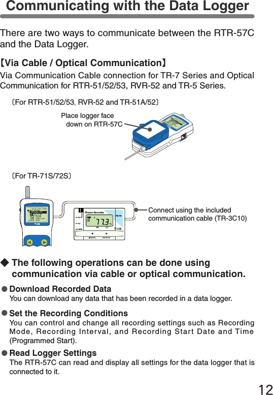 12Communicating with the Data LoggerThere are two ways to communicate between the RTR-57C and the Data Logger.【Via Cable / Optical Communication】Via Communication Cable connection for TR-7 Series and Optical Communication for RTR-51/52/53, RVR-52 and TR-5 Series.◆The following operations can be done using communication via cable or optical communication.●Download Recorded Data You can download any data that has been recorded in a data logger.●Set the Recording ConditionsYou can control and change all recording settings such as Recording Mode, Recording Interval, and Recording Start Date and Time (Programmed Start).●Read Logger Settings The RTR-57C can read and display all settings for the data logger that is connected to it.〔For RTR-51/52/53,RVR-52 and TR-51A/52〕Place logger facedown on RTR-57C〔For TR-71S/72S〕Connect using the included communication cable (TR-3C10)