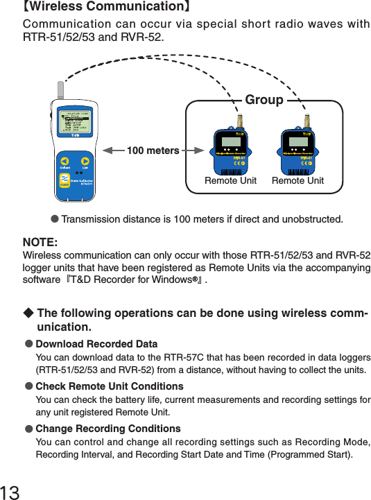 【Wireless Communication】Communication can occur via special short radio waves with RTR-51/52/53 and RVR-52.◆The following operations can be done using wireless comm-unication.●Download Recorded Data You can download data to the RTR-57C that has been recorded in data loggers (RTR-51/52/53 and RVR-52) from a distance, without having to collect the units.●Check Remote Unit ConditionsYou can check the battery life, current measurements and recording settings for any unit registered Remote Unit.●Change Recording ConditionsYou can control and change all recording settings such as Recording Mode, Recording Interval, and Recording Start Date and Time (Programmed Start).●Transmission distance is 100 meters if direct and unobstructed.13NOTE:Wireless communication can only occur with those RTR-51/52/53 and RVR-52 logger units that have been registered as Remote Units via the accompanying software『T&amp;D Recorder for Windows 』.100 metersRemote Unit Remote UnitGroup