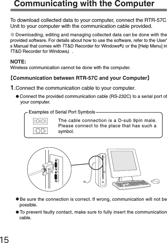1.Connect the communication cable to your computer.●Connect the provided communication cable (RS-232C) to a serial port of your computer.Examples of Serial Port SymbolsThe cable connection is a D-sub 9pin male. Please connect to the place that has such a symbol.●Be sure the connection is correct. If wrong, communication will not be possible.●To prevent faulty contact, make sure to fully insert the communication cable. To download collected data to your computer, connect the RTR-57C Unit to your computer with the communication cable provided.NOTE:Wireless communication cannot be done with the computer.Communicating with the Computer15【Communication between RTR-57C and your Computer】※Downloading, editing and managing collected data can be done with the provided software. For details about how to use the software, refer to the User&rsquo;s Manual that comes with『T&amp;D Recorder for Windows 』or the [Help Menu] in『T&amp;D Recorder for Windows』.