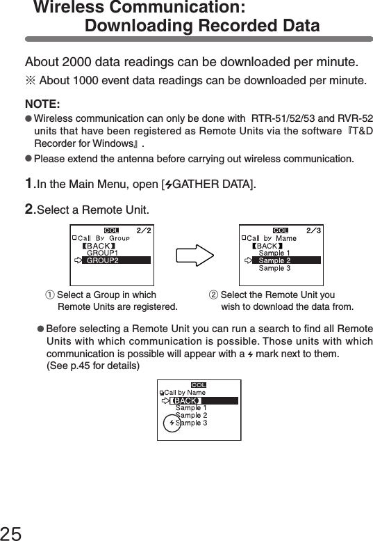 About 2000 data readings can be downloaded per minute.※About 1000 event data readings can be downloaded per minute.NOTE:●Wireless communication can only be done with  RTR-51/52/53 and RVR-52 units that have been registered as Remote Units via the software『T&amp;D Recorder for Windows』.●Please extend the antenna before carrying out wireless communication.1.In the Main Menu, open [ GATHER DATA].2.Select a Remote Unit.●Before selecting a Remote Unit you can run a search to nd all Remote Units with which communication is possible. Those units with which communication is possible will appear with a   mark next to them. (See p.45 for details)25Wireless Communication: Downloading Recorded Data①Select a Group in which Remote Units are registered.②Select the Remote Unit you wish to download the data from.