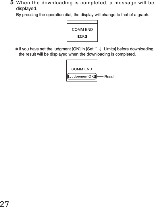 27●If you have set the judgment [ON] in [Set &uarr;&darr;  Limits] before downloading, the result will be displayed when the downloading is completed. 5.When the downloading is completed, a message will be displayed.By pressing the operation dial, the display will change to that of a graph.Result