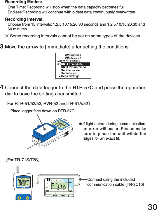 304.Connect the data logger to the RTR-57C and press the operation dial to have the settings transmitted.3.Move the arrow to [Immediate] after setting the conditions.Recording Modes:One Time: Recording will stop when the data capacity becomes full.Endless: Recording will continue with oldest data continuously overwritten.Recording Interval:Choose from 15 intervals: 1,2,5,10,15,20,30 seconds and 1,2,5,10,15,20,30 and60 minutes.※Some recording intervals cannot be set on some types of the devices.〔For RTR-51/52/53,RVR-52 and TR-51A/52〕●If light enters during communication, an error will occur. Please make sure to place the unit within the ridges for an exact t.Place logger face down on RTR-57C〔For TR-71S/72S〕Connect using the included communication cable (TR-3C10)