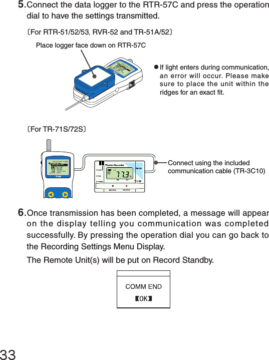 336.Once transmission has been completed, a message will appear on the display telling you communication was completed successfully. By pressing the operation dial you can go back to the Recording Settings Menu Display.The Remote Unit(s) will be put on Record Standby.5.Connect the data logger to the RTR-57C and press the operation dial to have the settings transmitted.〔For RTR-51/52/53,RVR-52 and TR-51A/52〕●If light enters during communication, an error will occur. Please make sure to place the unit within the ridges for an exact t.Place logger face down on RTR-57C〔For TR-71S/72S〕Connect using the included communication cable (TR-3C10)