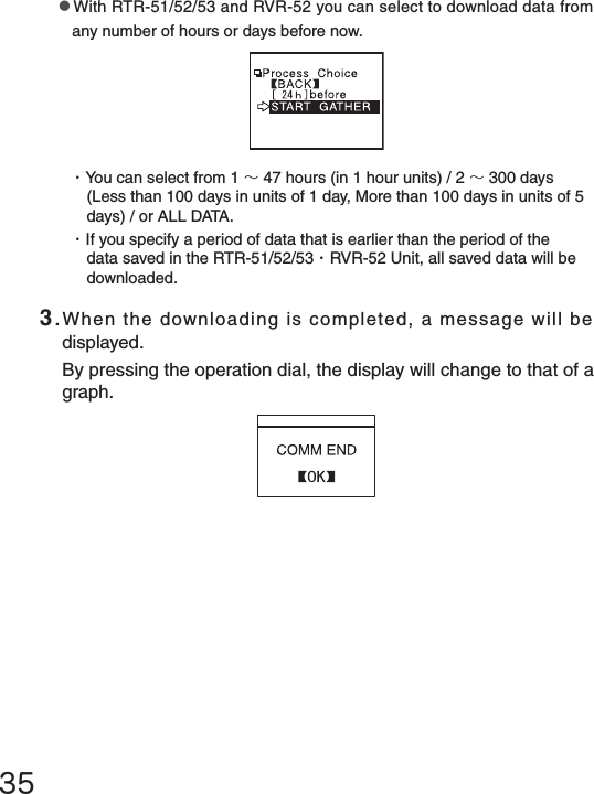 353.When the downloading is completed, a message will be displayed.By pressing the operation dial, the display will change to that of a graph.●With RTR-51/52/53 and RVR-52 you can select to download data from any number of hours or days before now.・You can select from 1 ～47 hours (in 1 hour units) / 2 ～300 days (Less than 100 days in units of 1 day, More than 100 days in units of 5 days) / or ALL DATA.・If you specify a period of data that is earlier than the period of the data saved in the RTR-51/52/53・RVR-52 Unit, all saved data will be downloaded.