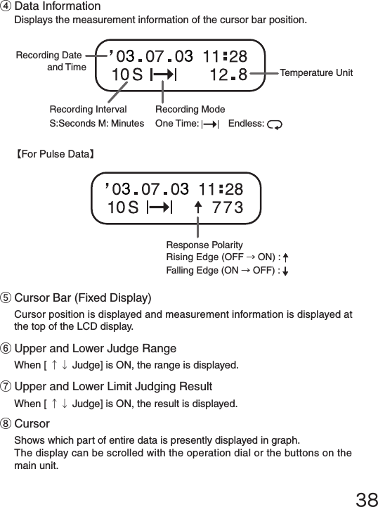38⑤Cursor Bar (Fixed Display)Cursor position is displayed and measurement information is displayed at the top of the LCD display.⑥Upper and Lower Judge RangeWhen [ &uarr;&darr; Judge] is ON, the range is displayed.⑦Upper and Lower Limit Judging ResultWhen [ &uarr;&darr; Judge] is ON, the result is displayed.⑧CursorShows which part of entire data is presently displayed in graph.The display can be scrolled with the operation dial or the buttons on the main unit.Recording Dateand TimeRecording IntervalS:Seconds M: MinutesRecording ModeOne Time:  　Endless: Temperature Unit④Data InformationDisplays the measurement information of the cursor bar position.【For Pulse Data】Response PolarityRising Edge (OFF &rarr;ON) : Falling Edge (ON &rarr;OFF) : 