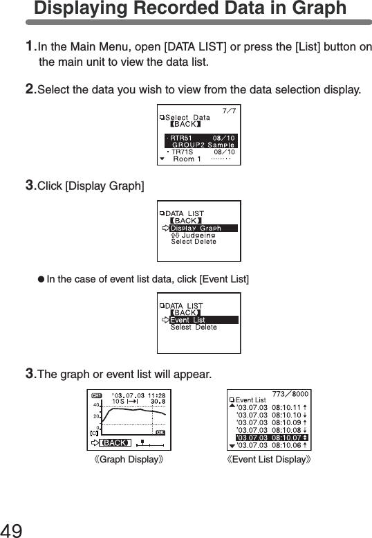 49Displaying Recorded Data in GraphOKCH1《Graph Display》《Event List Display》●In the case of event list data, click [Event List]1.In the Main Menu, open [DATA LIST] or press the [List] button on the main unit to view the data list.2.Select the data you wish to view from the data selection display.3.Click [Display Graph]3.The graph or event list will appear.
