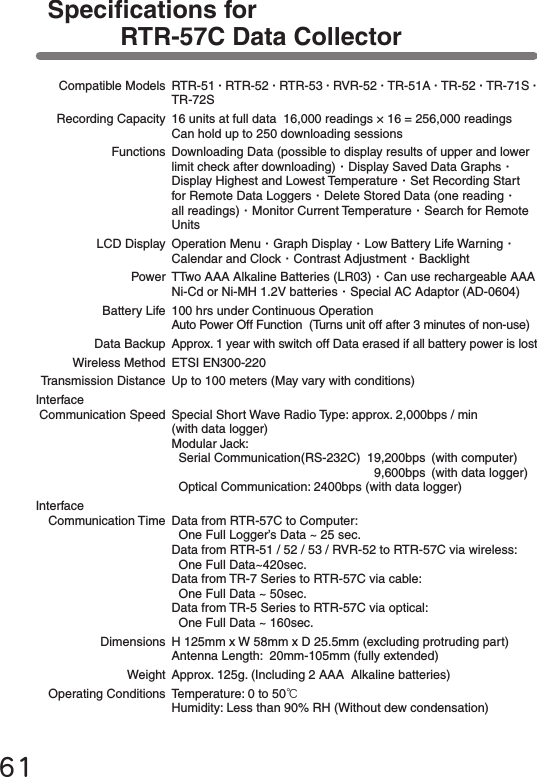 61    Compatible Models  RTR-51・RTR-52・RTR-53・RVR-52・TR-51A・TR-52・TR-71S・                      TR-72S    Recording Capacity 16 units at full data  16,000 readings &times; 16 = 256,000 readings                                        Can hold up to 250 downloading sessions            Functions Downloading Data (possible to display results of upper and lower                                       limit check after downloading)・Display Saved Data Graphs・                      Display Highest and Lowest Temperature・Set Recording Start                                       for Remote Data Loggers・Delete Stored Data (one reading・                      all readings)・Monitor Current Temperature・Search for Remote                                       Units          LCD Display Operation Menu・Graph Display・Low Battery Life Warning・                      Calendar and Clock・Contrast Adjustment・Backlight                Power TTwo AAA Alkaline Batteries (LR03)・Can use rechargeable AAA                                        Ni-Cd or Ni-MH 1.2V batteries・Special AC Adaptor (AD-0604)           Battery Life 100 hrs under Continuous Operation                                       Auto Power Off Function  (Turns unit off after 3 minutes of non-use)          Data Backup  Approx. 1 year with switch off Data erased if all battery power is lost      Wireless Method  ETSI EN300-220 Transmission Distance Up to 100 meters (May vary with conditions)Interface                          Communication Speed Special Short Wave Radio Type: approx. 2,000bps / min                      (with data logger)                                       Modular Jack:                                          Serial Communication(RS-232C)  19,200bps  (with computer)                                         9,600bps  (with data logger)                                         Optical Communication: 2400bps (with data logger)Interface  Communication Time Data from RTR-57C to Computer:                                         One Full Logger&rsquo;s Data ~ 25 sec.                                       Data from RTR-51 / 52 / 53 / RVR-52 to RTR-57C via wireless:                                         One Full Data~420sec.                                       Data from TR-7 Series to RTR-57C via cable:                                         One Full Data ~ 50sec.                                       Data from TR-5 Series to RTR-57C via optical:                                         One Full Data ~ 160sec.           Dimensions H 125mm x W 58mm x D 25.5mm (excluding protruding part)                                       Antenna Length:  20mm-105mm (fully extended)               Weight Approx. 125g. (Including 2 AAA  Alkaline batteries)  Operating Conditions Temperature: 0 to 50℃                                       Humidity: Less than 90% RH (Without dew condensation)Specications for RTR-57C Data Collector