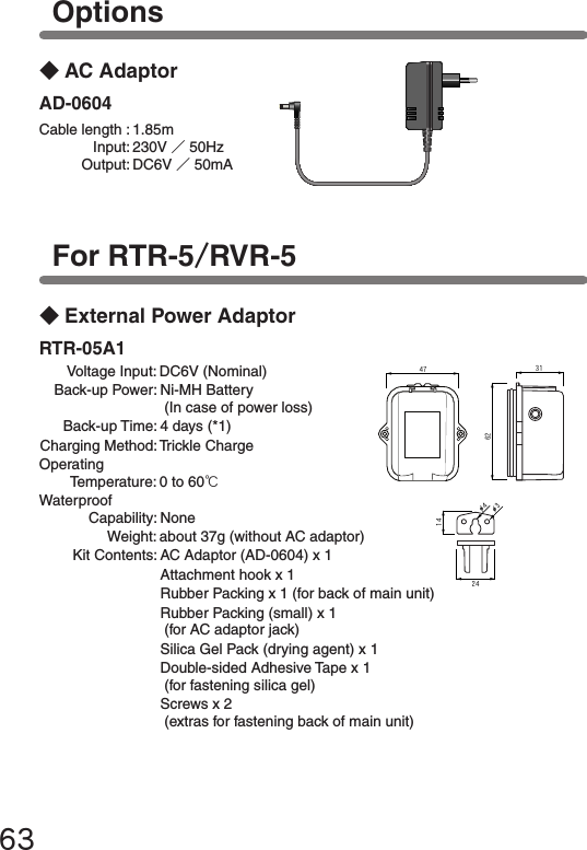 63Options◆AC AdaptorAD-0604 Cable length : 1.85m  Input: 230V ／50Hz  Output: DC6V ／50mA476231241434For RTR-5/RVR-5◆External Power AdaptorRTR-05A1  Voltage Input: DC6V (Nominal)  Back-up Power: Ni-MH Battery     (In case of power loss)   Back-up Time: 4 days (*1) Charging Method: Trickle ChargeOperating  Temperature: 0 to 60℃Waterproof  Capability: None  Weight: about 37g (without AC adaptor)  Kit Contents: AC Adaptor (AD-0604) x 1   Attachment hook x 1   Rubber Packing x 1 (for back of main unit)   Rubber Packing (small) x 1    (for AC adaptor jack)   Silica Gel Pack (drying agent) x 1    Double-sided Adhesive Tape x 1     (for fastening silica gel)   Screws x 2    (extras for fastening back of main unit)
