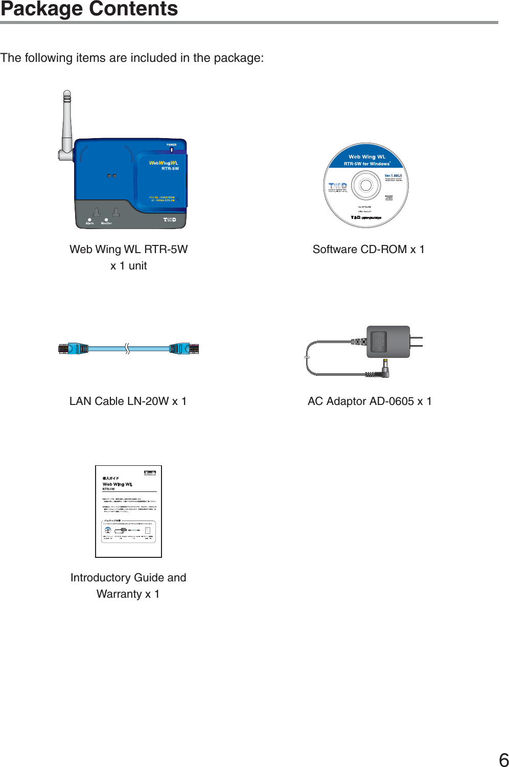 ķPackage ContentsThe following items are included in the package:AC Adaptor AD-0605 x 1#!54)/.RISK OF ELECTRIC SHOCKDRY LOCATION USE ONLY.SHOCK HAZARD NON-SERVICEABLE PARTS INSIDE.LAN Cable LN-20W x 1Introductory Guide and Warranty x 1Software CD-ROM x 1Web Wing WL RTR-5W x 1 unit൵ව΄ͼ&Rho;./)45!#KCOHS CIRTCELE FO KSIR.YLNO ESU NOITACOL YRD-NON DRAZAH KCOHS.EDISNI STRAP ELBAECIVRES