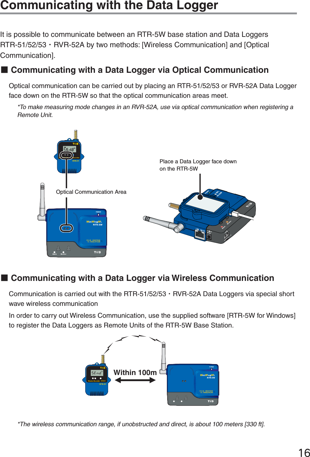 ĲķCommunicating with the Data LoggerIt is possible to communicate between an RTR-5W base station and Data Loggers RTR-51/52/53ȆRVR-52A by two methods: [Wireless Communication] and [Optical Communication].ɡCommunicating with a Data Logger via Optical CommunicationOptical communication can be carried out by placing an RTR-51/52/53 or RVR-52A Data Logger face down on the RTR-5W so that the optical communication areas meet.  *To make measuring mode changes in an RVR-52A, use via optical communication when registering a Remote Unit. Optical Communication AreaPlace a Data Logger face down on the RTR-5WɡCommunicating with a Data Logger via Wireless CommunicationCommunication is carried out with the RTR-51/52/53ȆRVR-52A Data Loggers via special short wave wireless communication In order to carry out Wireless Communication, use the supplied software [RTR-5W for Windows] to register the Data Loggers as Remote Units of the RTR-5W Base Station. 7ITHINM*The wireless communication range, if unobstructed and direct, is about 100 meters [330 ft].