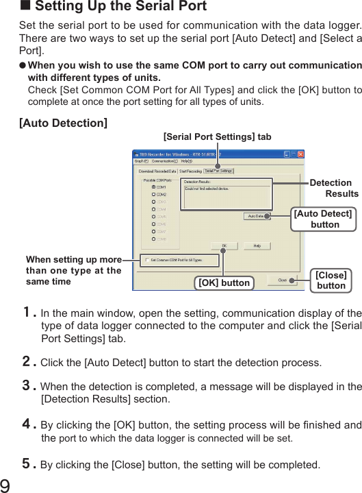 9[Auto Detection]■Setting Up the Serial PortSet the serial port to be used for communication with the data logger. There are two ways to set up the serial port [Auto Detect] and [Select a Port].●When you wish to use the same COM port to carry out communication with different types of units.Check [Set Common COM Port for All Types] and click the [OK] button to complete at once the port setting for all types of units.  １.In the main window, open the setting, communication display of the type of data logger connected to the computer and click the [Serial Port Settings] tab.２.Click the [Auto Detect] button to start the detection process.３.When the detection is completed, a message will be displayed in the [Detection Results] section.４.By clicking the [OK] button, the setting process will be nished and the port to which the data logger is connected will be set.５.By clicking the [Close] button, the setting will be completed.[Close]button[OK] button[Auto Detect] buttonWhen setting up more than one type at the same timeDetectionResults[Serial Port Settings] tab