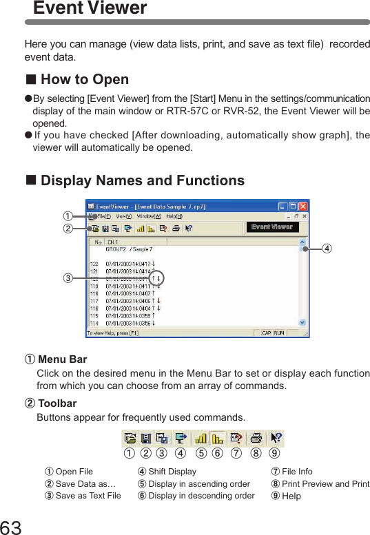 Event Viewer63Here you can manage (view data lists, print, and save as text le)  recorded event data.■How to Open●By selecting [Event Viewer] from the [Start] Menu in the settings/communication display of the main window or RTR-57C or RVR-52, the Event Viewer will be opened. ●If you have checked [After downloading, automatically show graph], the viewer will automatically be opened.■Display Names and Functions①Menu BarClick on the desired menu in the Menu Bar to set or display each function from which you can choose from an array of commands.②ToolbarButtons appear for frequently used commands.①Open File②Save Data as&hellip;③Save as Text File④Shift Display⑤Display in ascending order⑥Display in descending order⑦File Info⑧Print Preview and Print⑨Help②①③④⑨⑧⑦⑥⑤④③②①