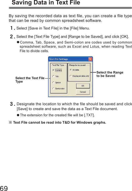 69By saving the recorded data as text le, you can create a le type that can be read by common spreadsheet software. Saving Data in Text File１.Select [Save in Text File] in the [File] Menu.２.Select the [Text File Type] and [Range to be Saved], and click [OK].●Comma, Tab, Space, and Semi-colon are codes used by common spreadsheet software, such as Excel and Lotus, when reading Text File to divide cells.３.Designate the location to which the le should be saved and click [Save] to create and save the data as a Text File document.●The extension for the created le will be [.TXT].※Text File cannot be read into T&amp;D for Windows graphs.Select the Text File TypeSelect the Range to be Saved