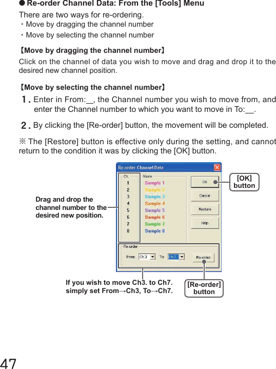 47【Move by selecting the channel number】１.Enter in From:   , the Channel number you wish to move from, and enter the Channel number to which you want to move in To:    .２.By clicking the [Re-order] button, the movement will be completed.※The [Restore] button is effective only during the setting, and cannot return to the condition it was by clicking the [OK] button.【Move by dragging the channel number】Click on the channel of data you wish to move and drag and drop it to the desired new channel position.●Re-order Channel Data: From the [Tools] MenuThere are two ways for re-ordering.・Move by dragging the channel number・Move by selecting the channel number[OK]button[Re-order]buttonIf you wish to move Ch3. to Ch7. simply set From&rarr;Ch3, To&rarr;Ch7.Drag and drop the channel number to the desired new position.