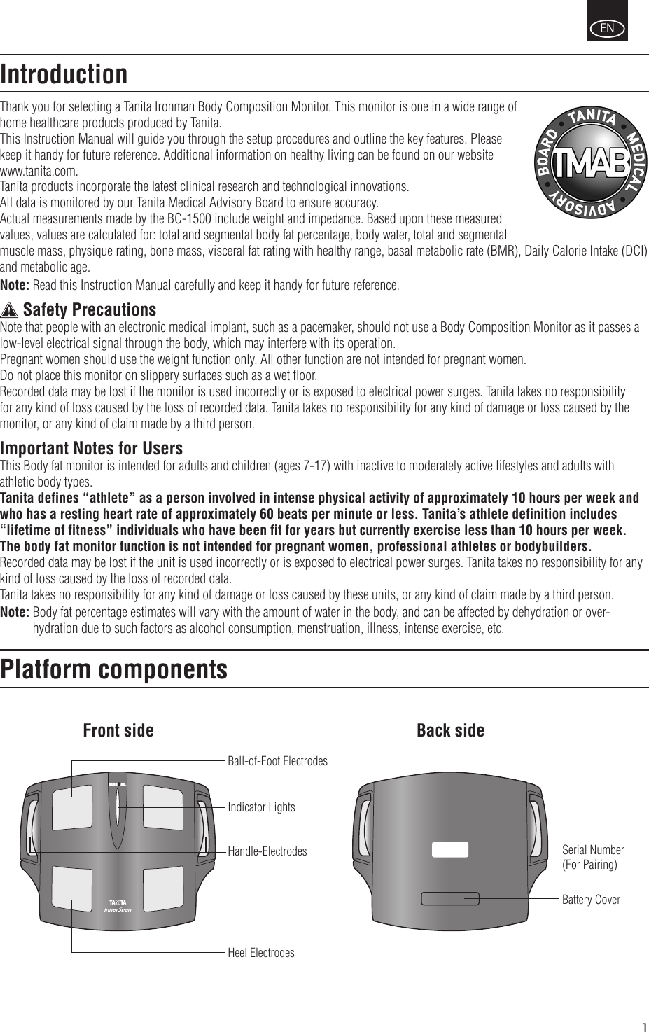 Page 3 of 12 - Tanita Tanita-Bc-1500-Owner-S-Manual