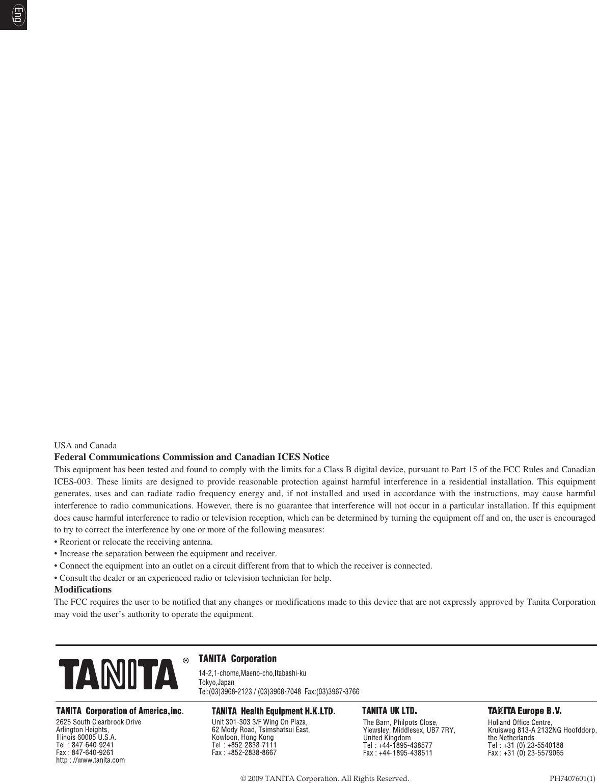 Page 8 of 8 - Tanita Tanita-Ph-740-Owner-S-Manual PH740_01GB0311Fin