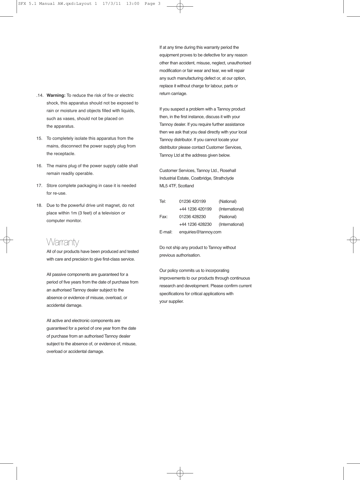 Page 3 of 8 - Tannoy SFX 5.1 User Manual  To The 03dcb0b7-c93b-43fa-8170-a5bb94229185