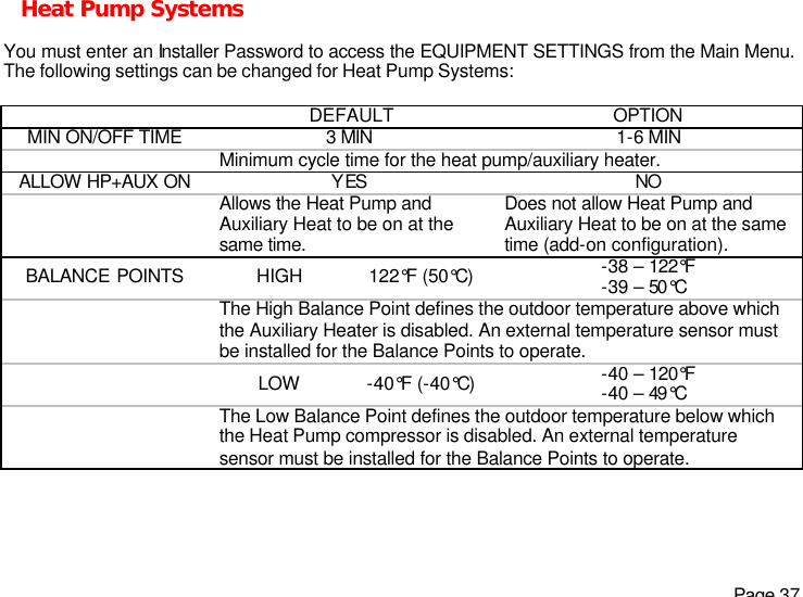   Page 37 Heat Pump Systems  You must enter an Installer Password to access the EQUIPMENT SETTINGS from the Main Menu. The following settings can be changed for Heat Pump Systems:    DEFAULT OPTION MIN ON/OFF TIME 3 MIN 1-6 MIN  Minimum cycle time for the heat pump/auxiliary heater. ALLOW HP+AUX ON YES NO  Allows the Heat Pump and Auxiliary Heat to be on at the same time. Does not allow Heat Pump and Auxiliary Heat to be on at the same time (add-on configuration). BALANCE POINTS HIGH 122°F (50°C)                    -38 – 122°F                    -39 – 50°C  The High Balance Point defines the outdoor temperature above which the Auxiliary Heater is disabled. An external temperature sensor must be installed for the Balance Points to operate.  LOW -40°F (-40°C)                    -40 – 120°F                    -40 – 49°C  The Low Balance Point defines the outdoor temperature below which the Heat Pump compressor is disabled. An external temperature sensor must be installed for the Balance Points to operate.  