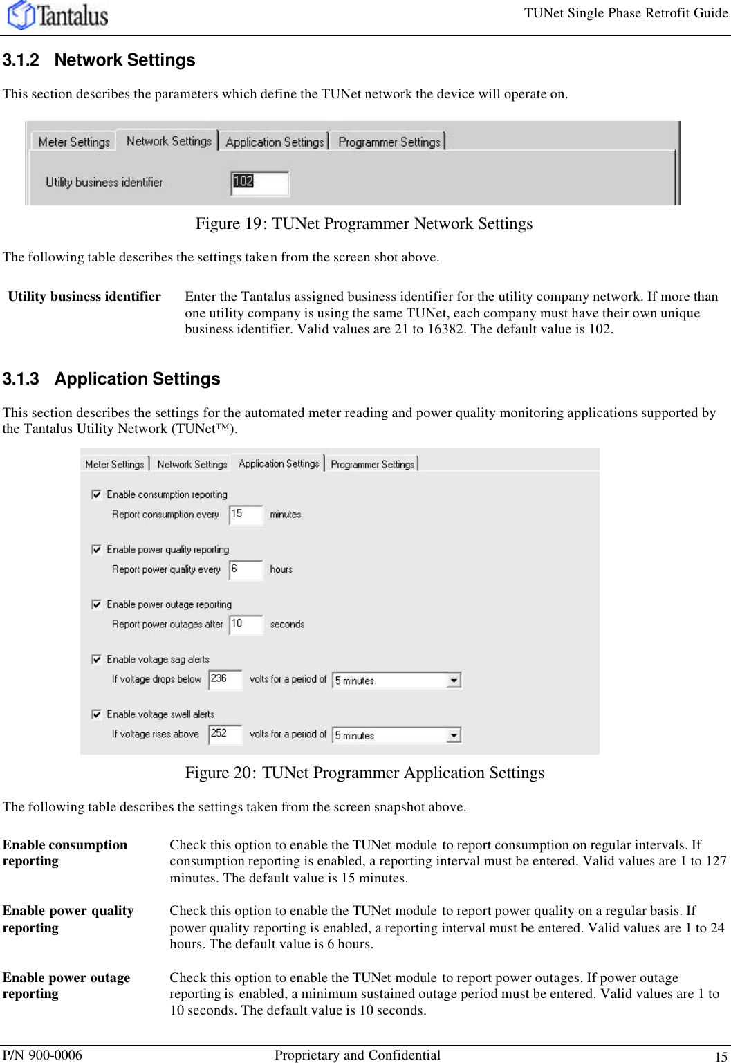 TUNet Single Phase Retrofit Guide P/N 900-0006 Proprietary and Confidential 15 3.1.2 Network Settings This section describes the parameters which define the TUNet network the device will operate on. Figure 19: TUNet Programmer Network Settings The following table describes the settings taken from the screen shot above.  3.1.3 Application Settings This section describes the settings for the automated meter reading and power quality monitoring applications supported by the Tantalus Utility Network (TUNet™). Figure 20: TUNet Programmer Application Settings The following table describes the settings taken from the screen snapshot above. Enable consumption reporting Check this option to enable the TUNet module  to report consumption on regular intervals. If consumption reporting is enabled, a reporting interval must be entered. Valid values are 1 to 127 minutes. The default value is 15 minutes. Enable power quality reporting Check this option to enable the TUNet module  to report power quality on a regular basis. If power quality reporting is enabled, a reporting interval must be entered. Valid values are 1 to 24 hours. The default value is 6 hours. Enable power outage reporting Check this option to enable the TUNet module  to report power outages. If power outage reporting is  enabled, a minimum sustained outage period must be entered. Valid values are 1 to 10 seconds. The default value is 10 seconds. Utility business identifier Enter the Tantalus assigned business identifier for the utility company network. If more than one utility company is using the same TUNet, each company must have their own unique business identifier. Valid values are 21 to 16382. The default value is 102. 