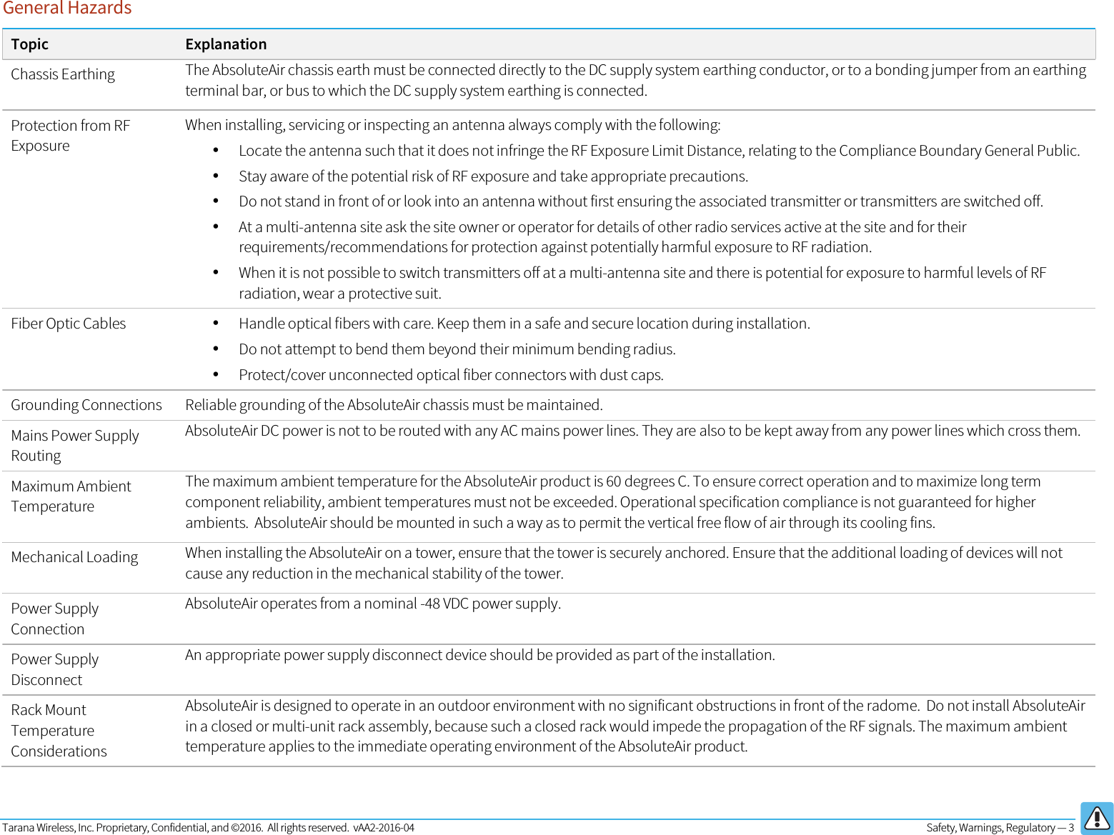 Tarana Wireless, Inc. Proprietary, Confidential, and ©2016.  All rights reserved.  vAA2-2016-04  Safety, Warnings, Regulatory — 3        General Hazards Topic Explanation Chassis Earthing The AbsoluteAir chassis earth must be connected directly to the DC supply system earthing conductor, or to a bonding jumper from an earthing terminal bar, or bus to which the DC supply system earthing is connected. Protection from RF Exposure When installing, servicing or inspecting an antenna always comply with the following: •Locate the antenna such that it does not infringe the RF Exposure Limit Distance, relating to the Compliance Boundary General Public. •Stay aware of the potential risk of RF exposure and take appropriate precautions. •Do not stand in front of or look into an antenna without first ensuring the associated transmitter or transmitters are switched off.  •At a multi-antenna site ask the site owner or operator for details of other radio services active at the site and for their requirements/recommendations for protection against potentially harmful exposure to RF radiation.  •When it is not possible to switch transmitters off at a multi-antenna site and there is potential for exposure to harmful levels of RF radiation, wear a protective suit. Fiber Optic Cables •Handle optical fibers with care. Keep them in a safe and secure location during installation. •Do not attempt to bend them beyond their minimum bending radius. •Protect/cover unconnected optical fiber connectors with dust caps. Grounding Connections Reliable grounding of the AbsoluteAir chassis must be maintained. Mains Power Supply Routing AbsoluteAir DC power is not to be routed with any AC mains power lines. They are also to be kept away from any power lines which cross them. Maximum Ambient Temperature The maximum ambient temperature for the AbsoluteAir product is 60 degrees C. To ensure correct operation and to maximize long term component reliability, ambient temperatures must not be exceeded. Operational specification compliance is not guaranteed for higher ambients.  AbsoluteAir should be mounted in such a way as to permit the vertical free flow of air through its cooling fins. Mechanical Loading When installing the AbsoluteAir on a tower, ensure that the tower is securely anchored. Ensure that the additional loading of devices will not cause any reduction in the mechanical stability of the tower. Power Supply Connection AbsoluteAir operates from a nominal -48 VDC power supply. Power Supply Disconnect An appropriate power supply disconnect device should be provided as part of the installation. Rack Mount Temperature Considerations AbsoluteAir is designed to operate in an outdoor environment with no significant obstructions in front of the radome.  Do not install AbsoluteAir in a closed or multi-unit rack assembly, because such a closed rack would impede the propagation of the RF signals. The maximum ambient temperature applies to the immediate operating environment of the AbsoluteAir product.  